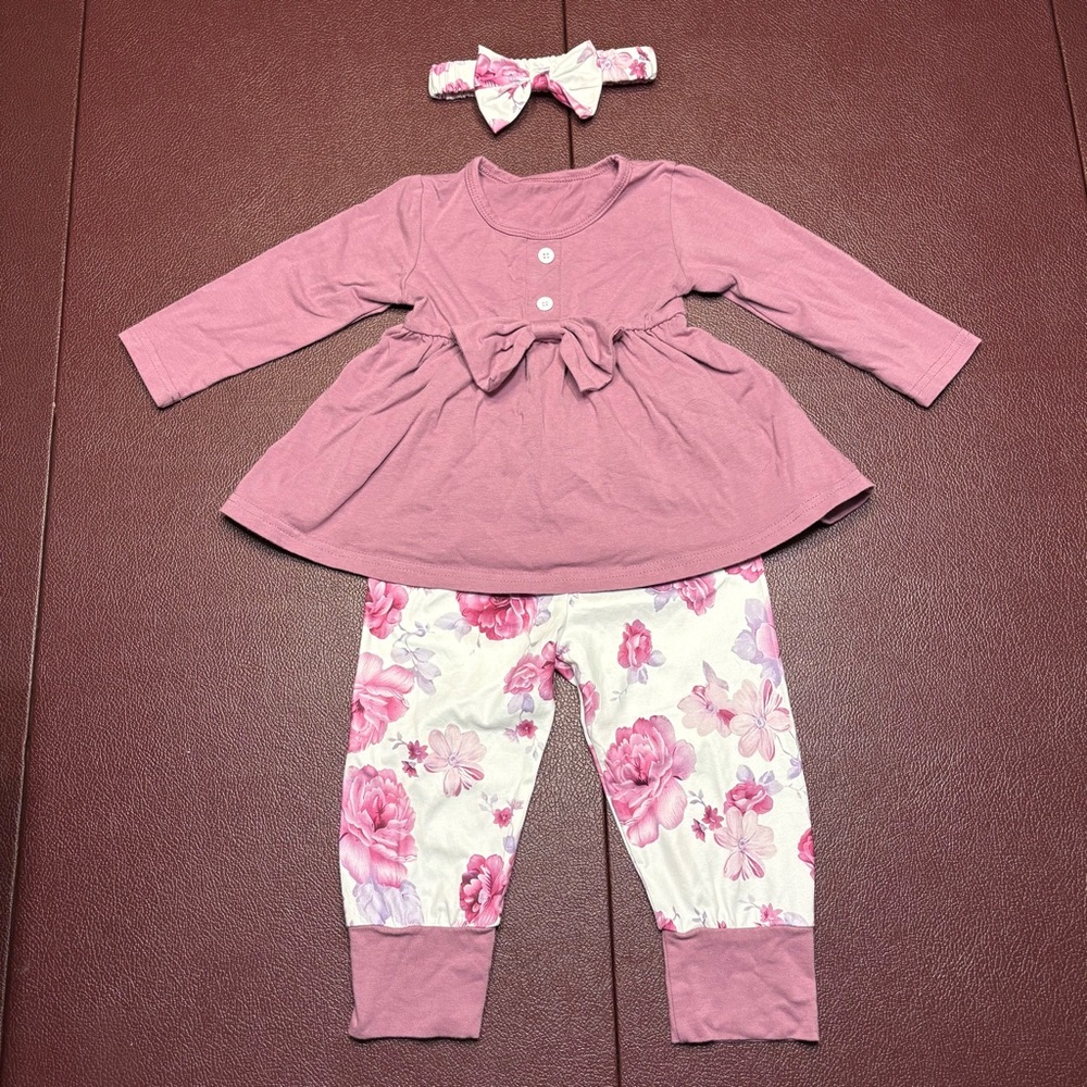 Pink Floral Toddler Outfit with Headband Size 18-24